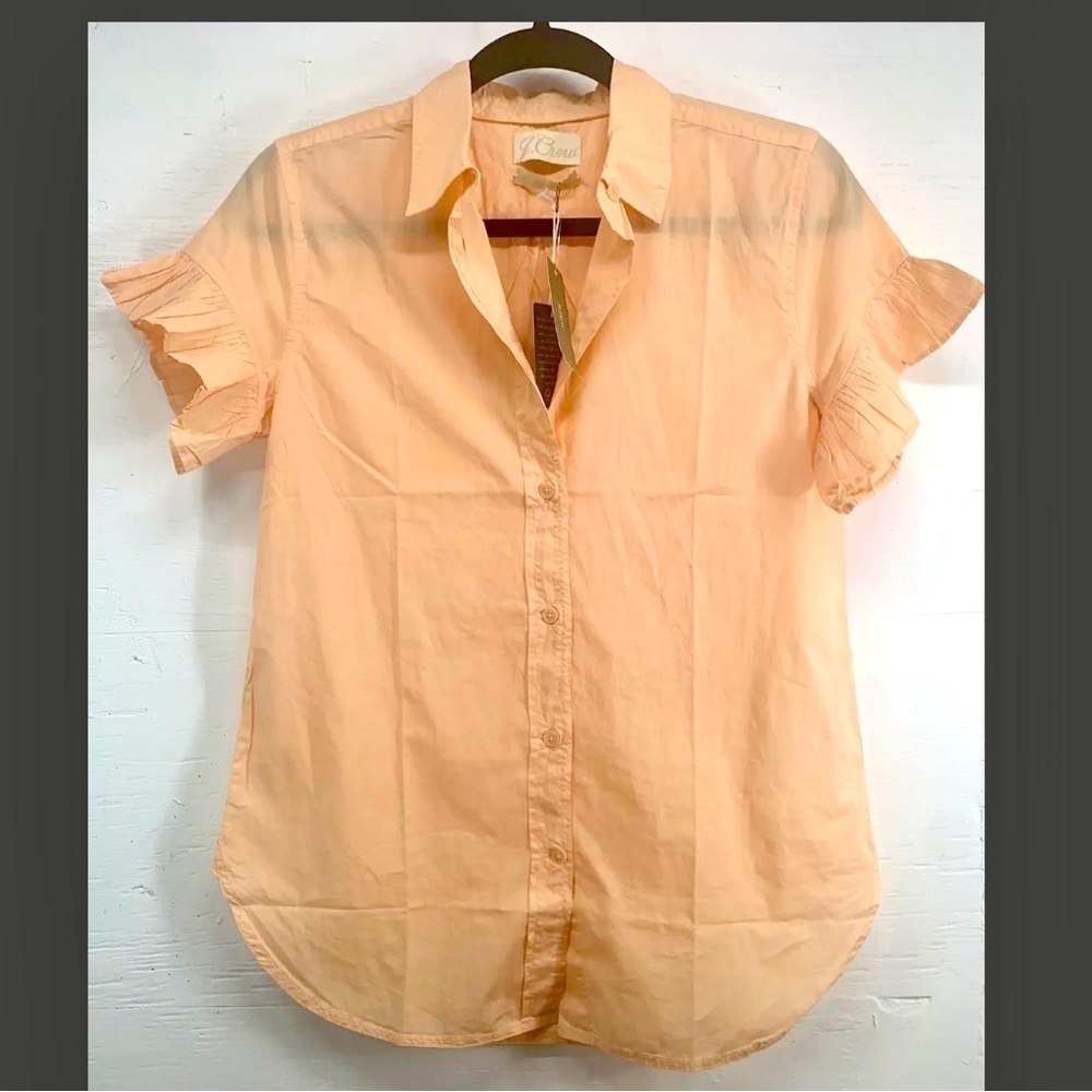 J. crew classic womens button down “garment dyed” Ruffle Short Sleeve Peach Sz 0